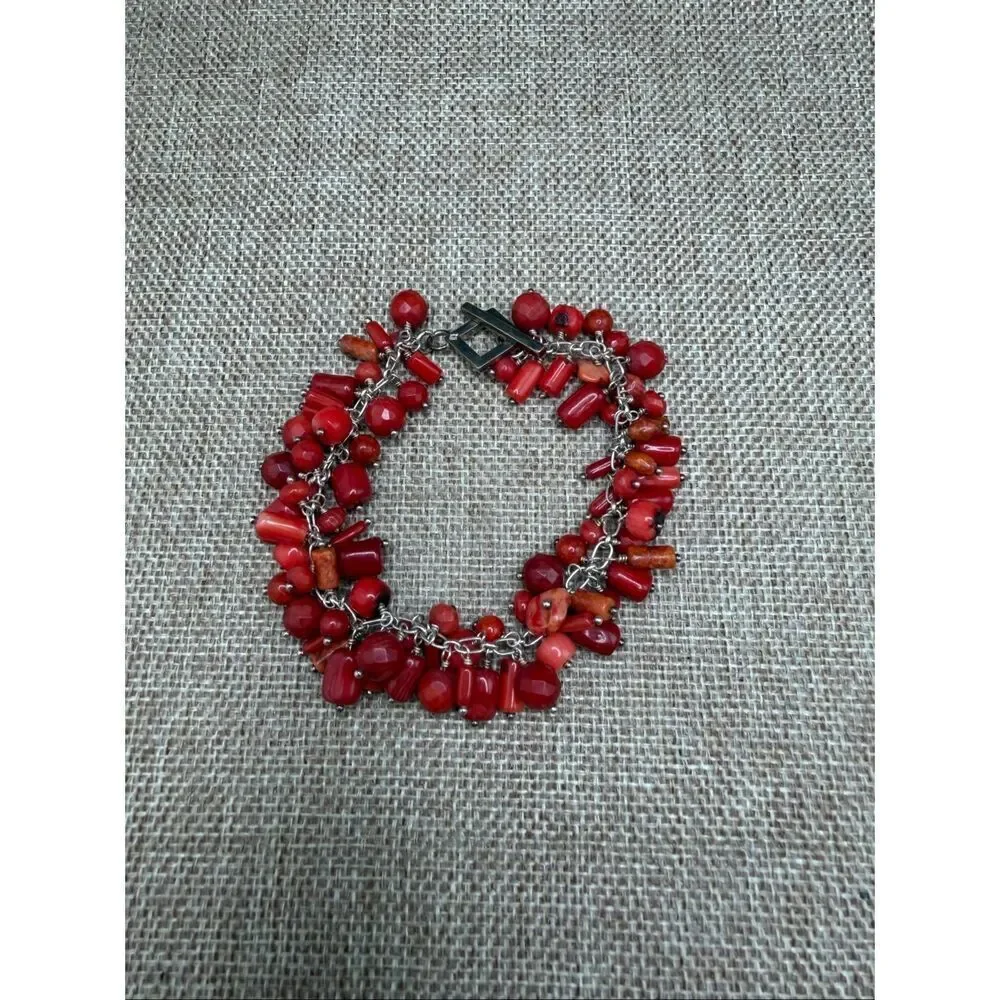 Red Coral Bead Cluster Bracelet Silver Tone Toggle Clasp